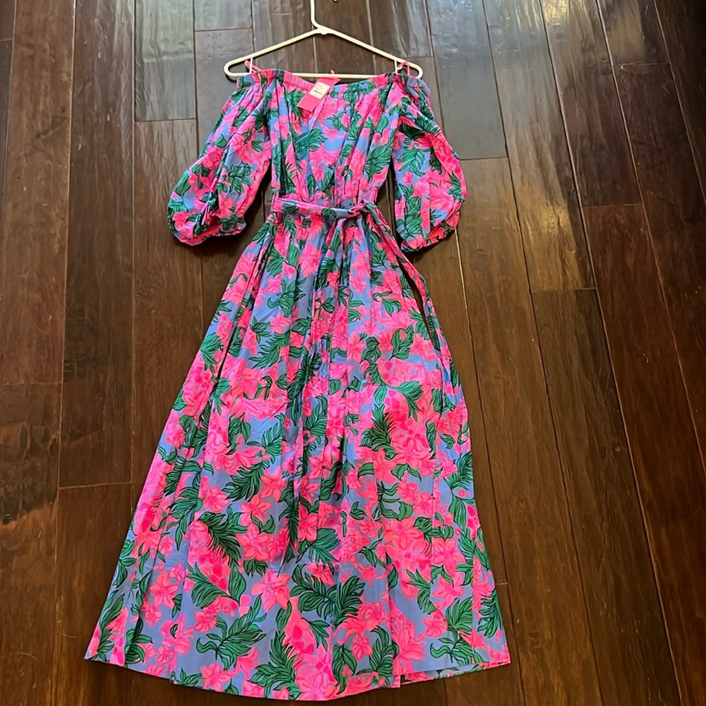 Lilly Pulitzer Medium Shawnlee Elbow Sleeve Off-The-Shoulder Cotton Midi Dress